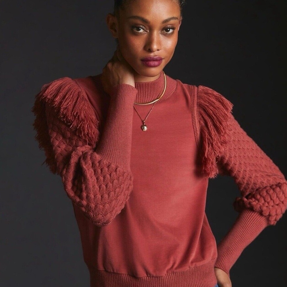 Anthropologie Rust Fringe Sleeve Sweater